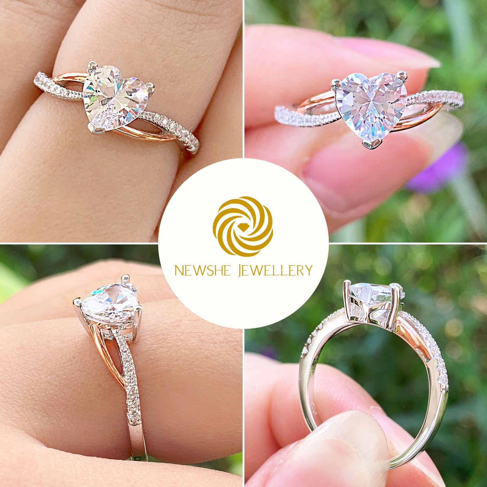 Newshe Two Tones 925 Silver Yellow Rose Gold Engagement Rings For Women image 5