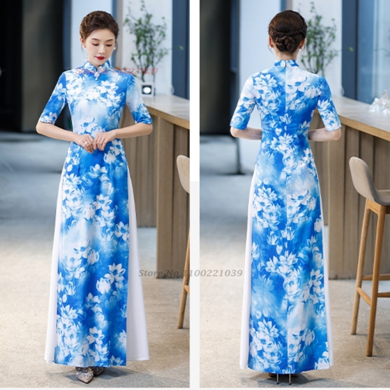 2024 chinese improved qipao dress vintage flower print vietnam ao dai dress ele image 3