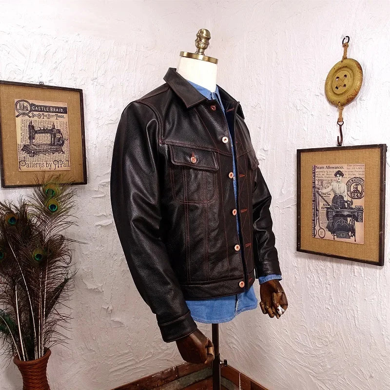 Free shipping.Popular vintage casual style genuine leather jacket.Cheap men sli image 2