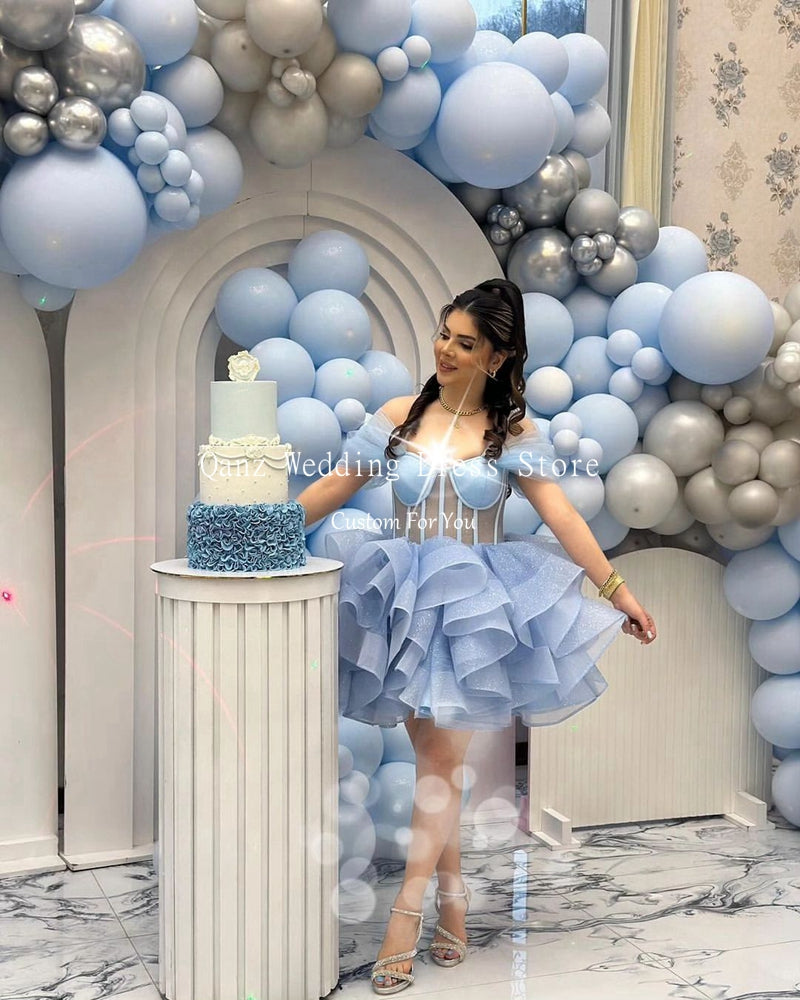 Qanz Short Sky Blue Homecoming Dresses Above Knee/Mini Shiny Tulle Vestidos De  image 3