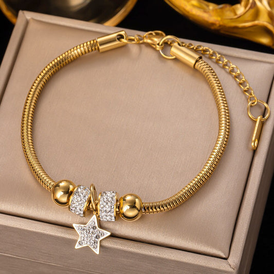 Vintage 316L Stainless Steel Gold Color Roman Number Zircon Bracelet For image 0