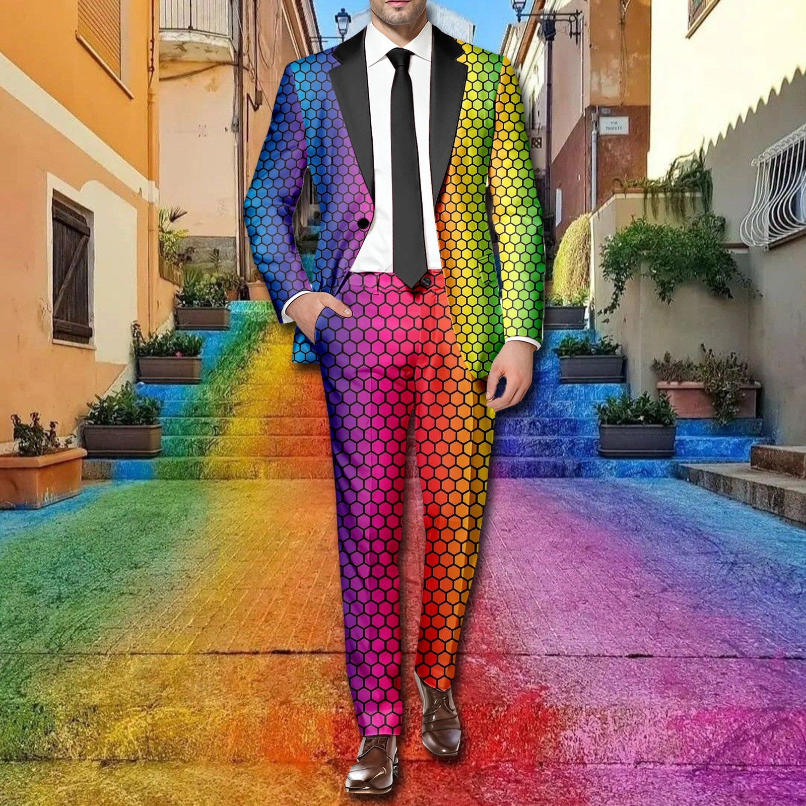 Rainbow Color Printed Men Suit 2 Piece Set Long Sleeve Blazer Coat And Pants Su image 0