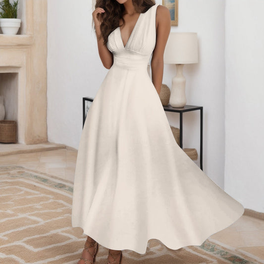 Women Elegant A Line Sleeveless White Midi Dress Casual Female Sping Summer V-n image 0