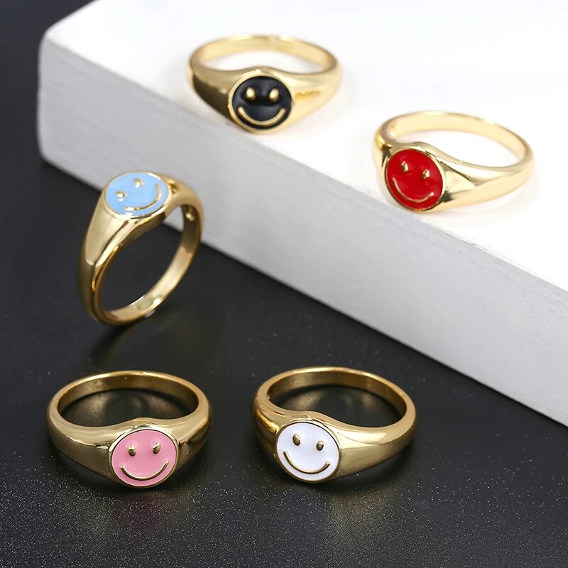 YUXINTOME 24k Gold Plated Colored Enamel Smile Face Wide Ring For Women Trend C image 8