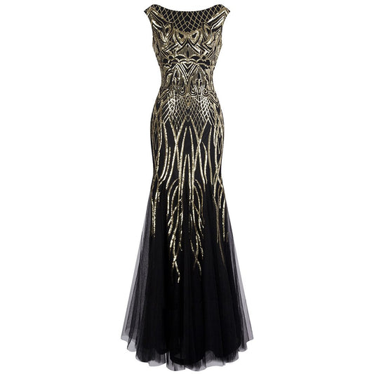 Angel-fashions Bateau Boat Neck Vintage Golden Sequin Ball Gown Long Prom image 0