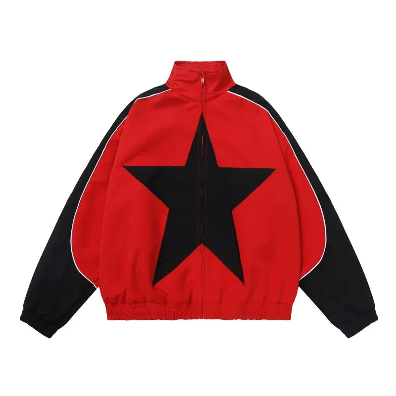Retro Bomber Jacket Men Women Five-pointed Star Patchwork High Street Varsity C image 6