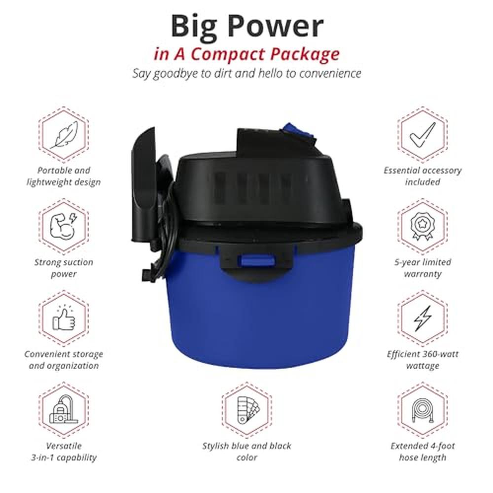 2.0HP Compact Lightweight Wet Dry Vacuum 2.0 Gallon Blue Black 5 Year  Powerful image 3