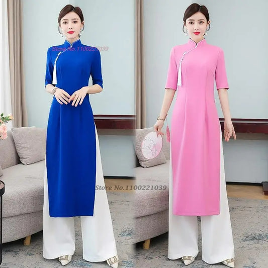 2024 vietnam traditional clothing aodai vietnam dress+pants set improved cheong image 0
