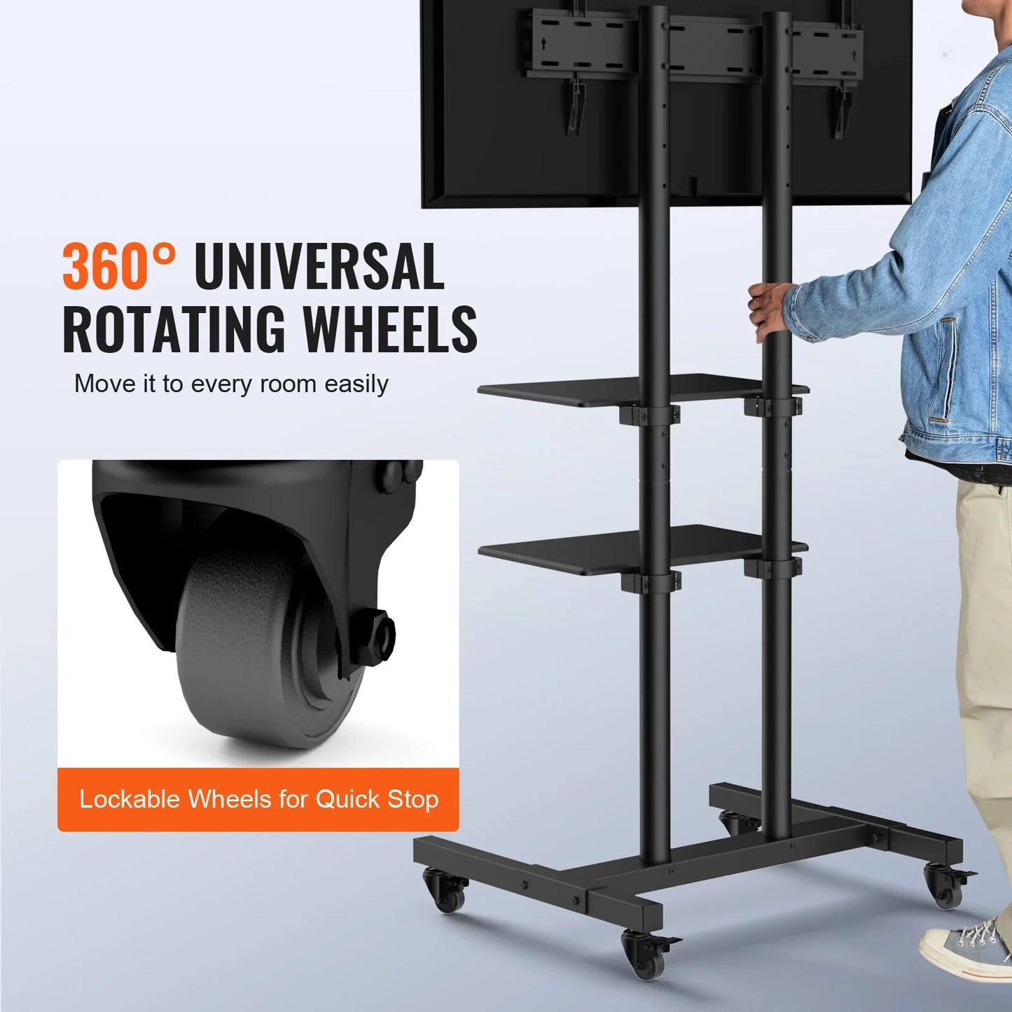 VEVOR Mobile TV Stand Height Adjustable TV Stand with Wheels Double Tray for Au image 6