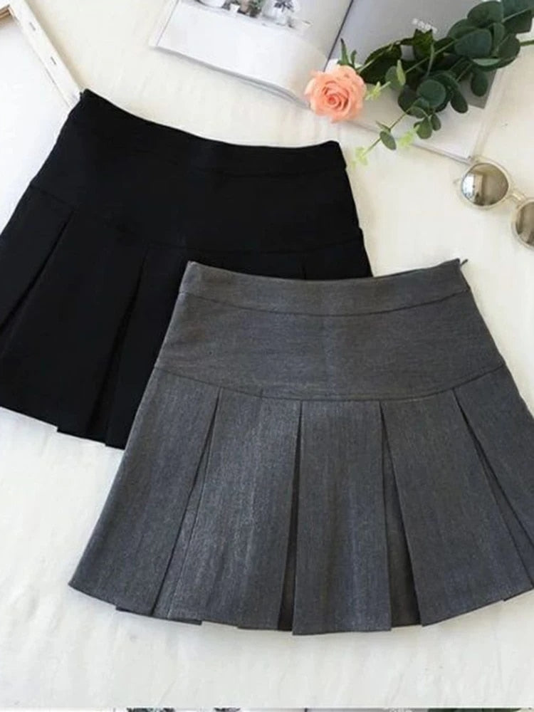 ZOKI Vintage Gray Pleated Skirt Women Kawaii High Waist Mini Skirts Korean Fash image 5
