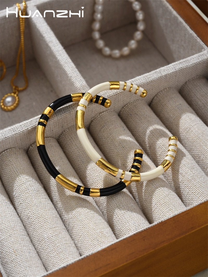 HUANZHI Enamel Spliced Copper Gold Plated Cuff Bracelet for Women Men Fashion E image 0