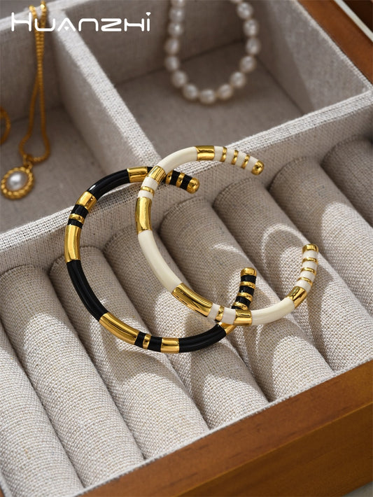 HUANZHI Enamel Spliced Copper Gold Plated Cuff Bracelet for Women Men Fashion E image 0