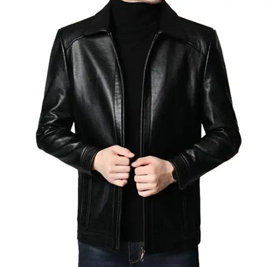 Men Faux Leather Jacket Men's Faux Leather Motorcycle Jacket with Stand Collar image 0