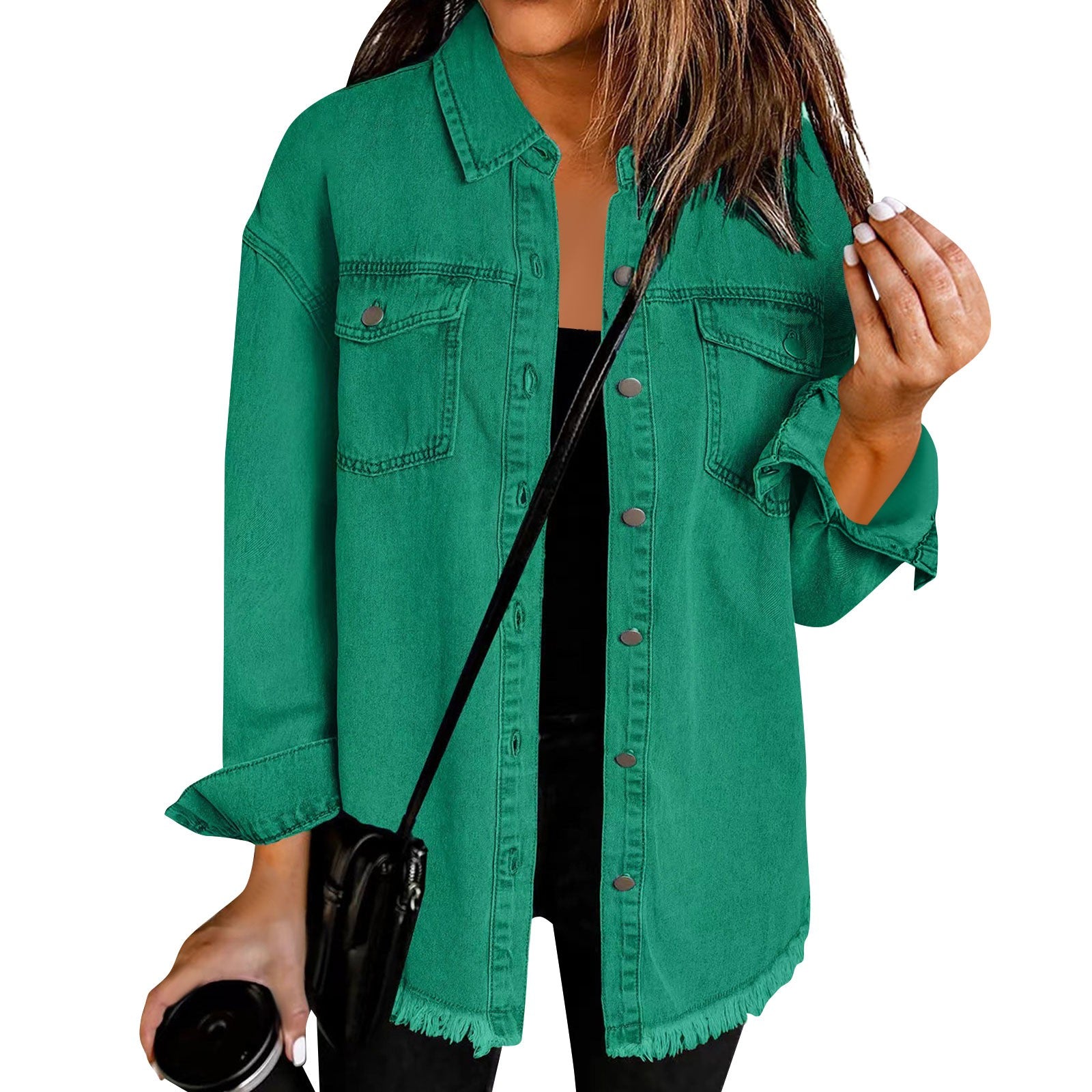 Women'S Fashion Denim Shirt Jacket Milled Hem Button Casual Long Sleeve Jacket  image 5