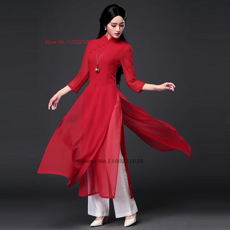 2024 traditional folk style aodai dress+pants set vietnam chiffon aodai elegant image 12