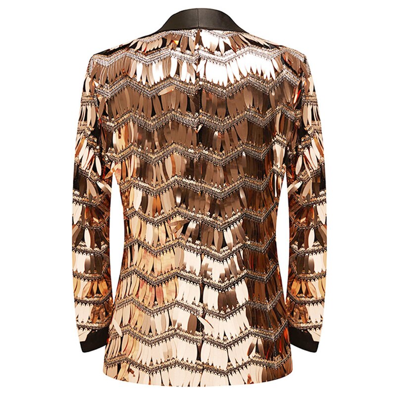 Mens Luxury Wave Striped Gold Sequin Blazer Jacket Shawl Lapel One Button image 3