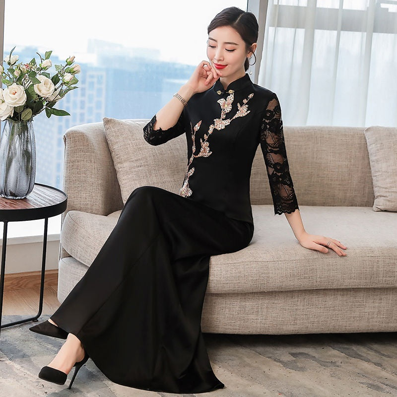 Black Slim Vintage Long Qipao Hanfu Women Ao Dai Dress Chinese Traditional Dres image 3