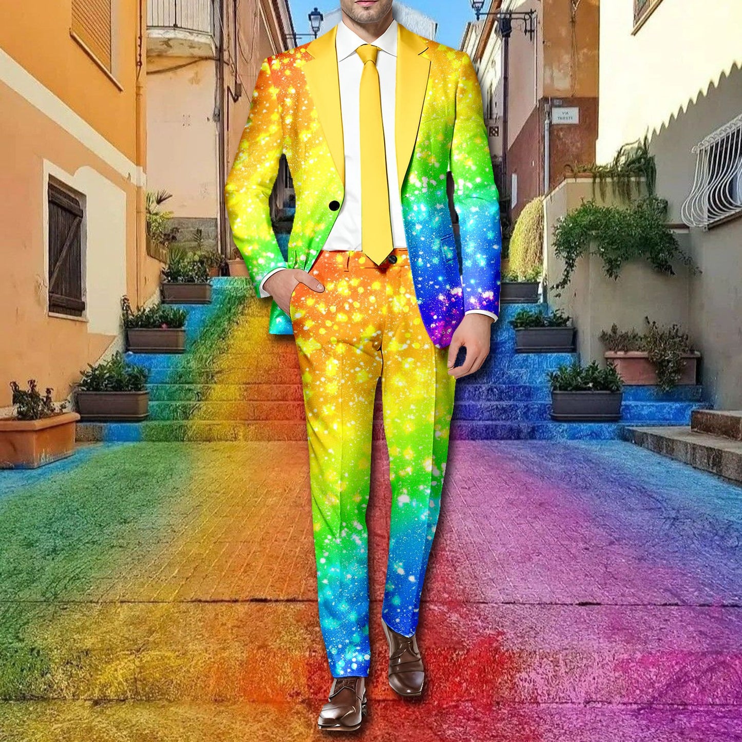 Rainbow Color Printed Men Suit 2 Piece Set Long Sleeve Blazer Coat And Pants Su image 4