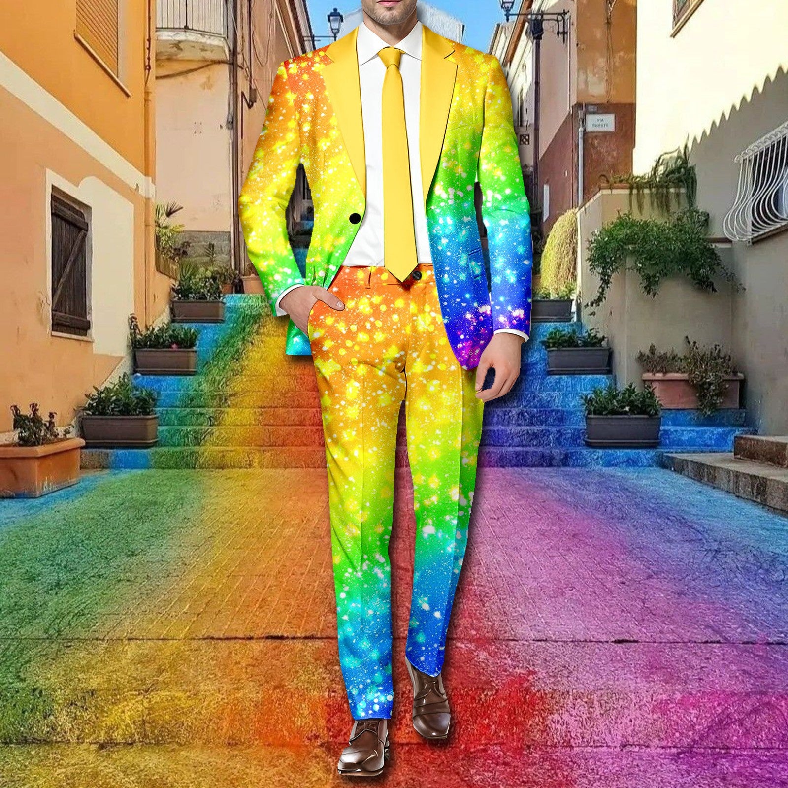 Rainbow Color Printed Men Suit 2 Piece Set Long Sleeve Blazer Coat And Pants Su image 4