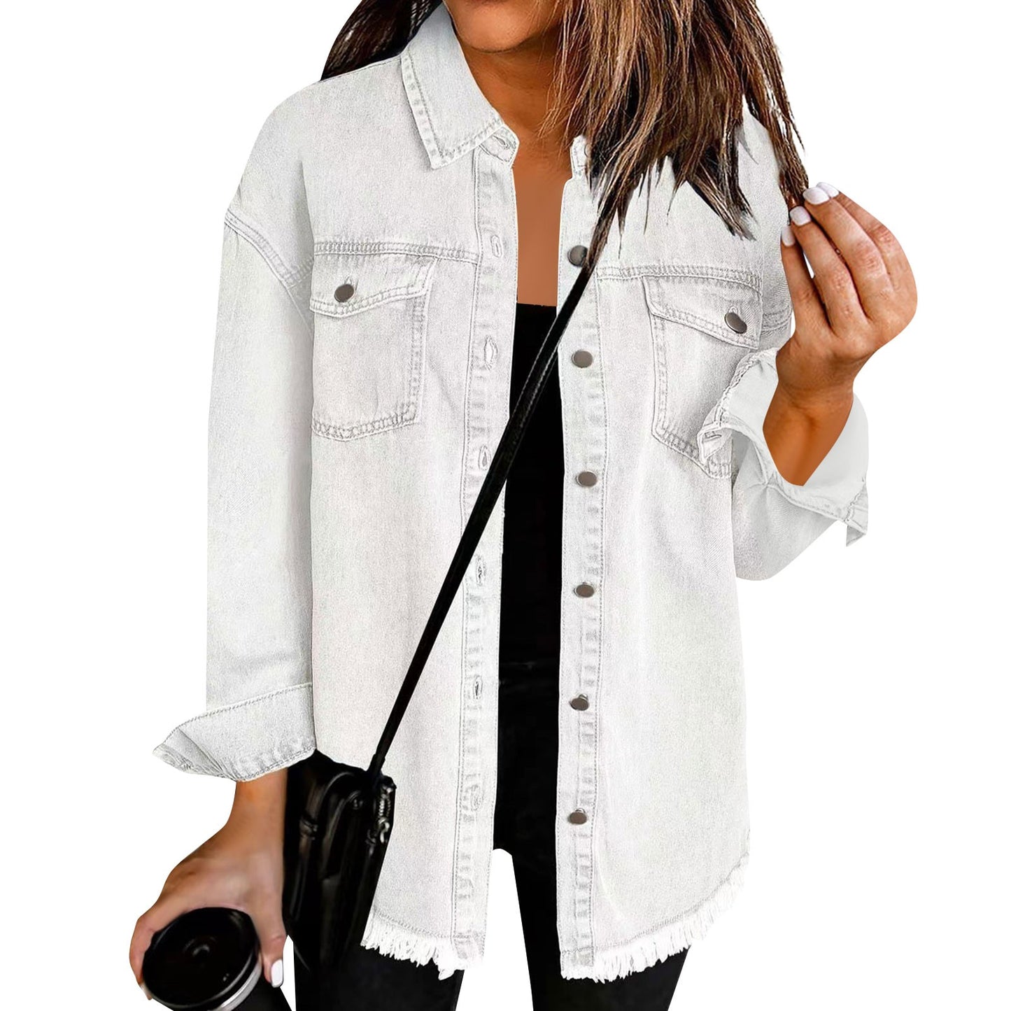 Women'S Fashion Denim Shirt Jacket Milled Hem Button Casual Long Sleeve Jacket  image 4