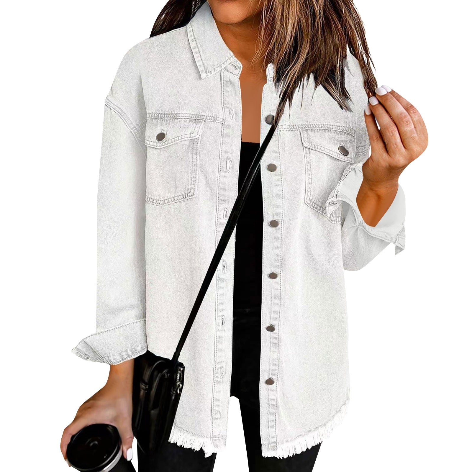 Women'S Fashion Denim Shirt Jacket Milled Hem Button Casual Long Sleeve Jacket  image 4