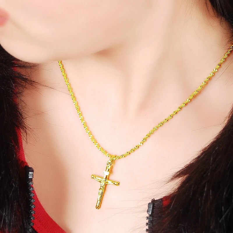 Real 24K Gold Color Cross Pendant & Necklace For Men/Women Gold Chain Religious image 3