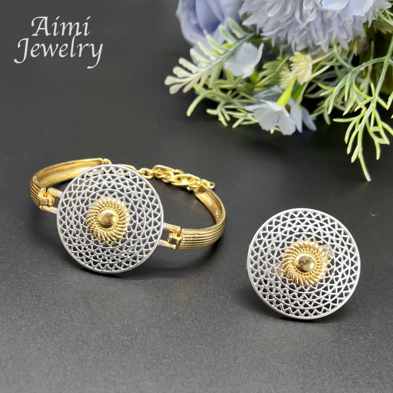 Large Round Pendant 18K Gold Plated Jewelry Set for Women Necklace Earrings Bra image 4