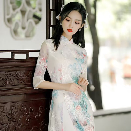 Summer Chiffon Ao Dai Elegant Dress Qipao Oriental Printing Dress Qipao Vietnam image 0