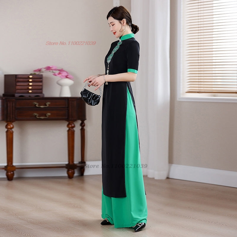 2024 traditional vietnam aodai dress+pants set flower embroidery dress ao dai v image 3