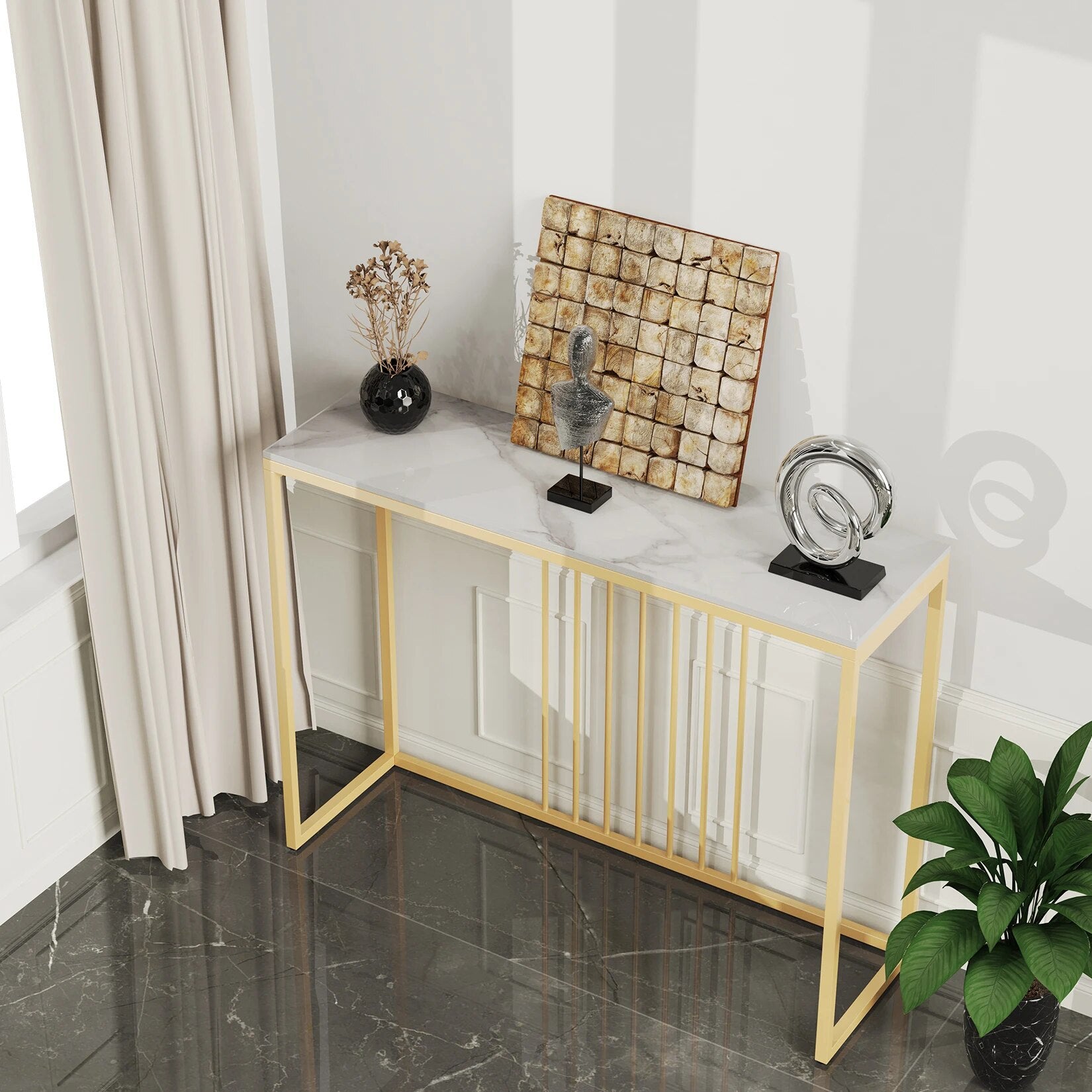 Modern Accent Console Marble Table Gold Metal Frame Storage Display Shelf Narro image 4