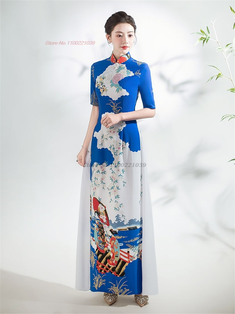 2024 vietnam traditional dress ao dai national flower print cheongsam oriental  image 2