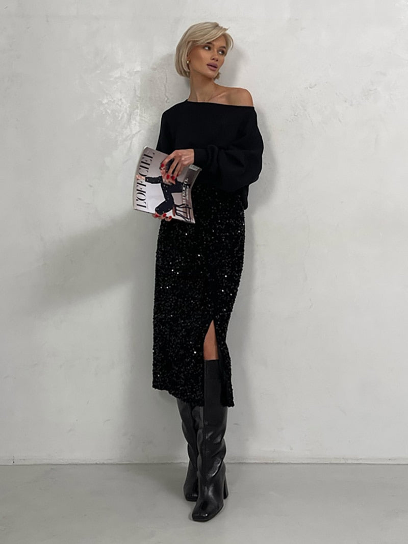 Silver Black Sequin Skirt Women Elegant Vintage Punk Evening Dress Slit Cute Su image 7