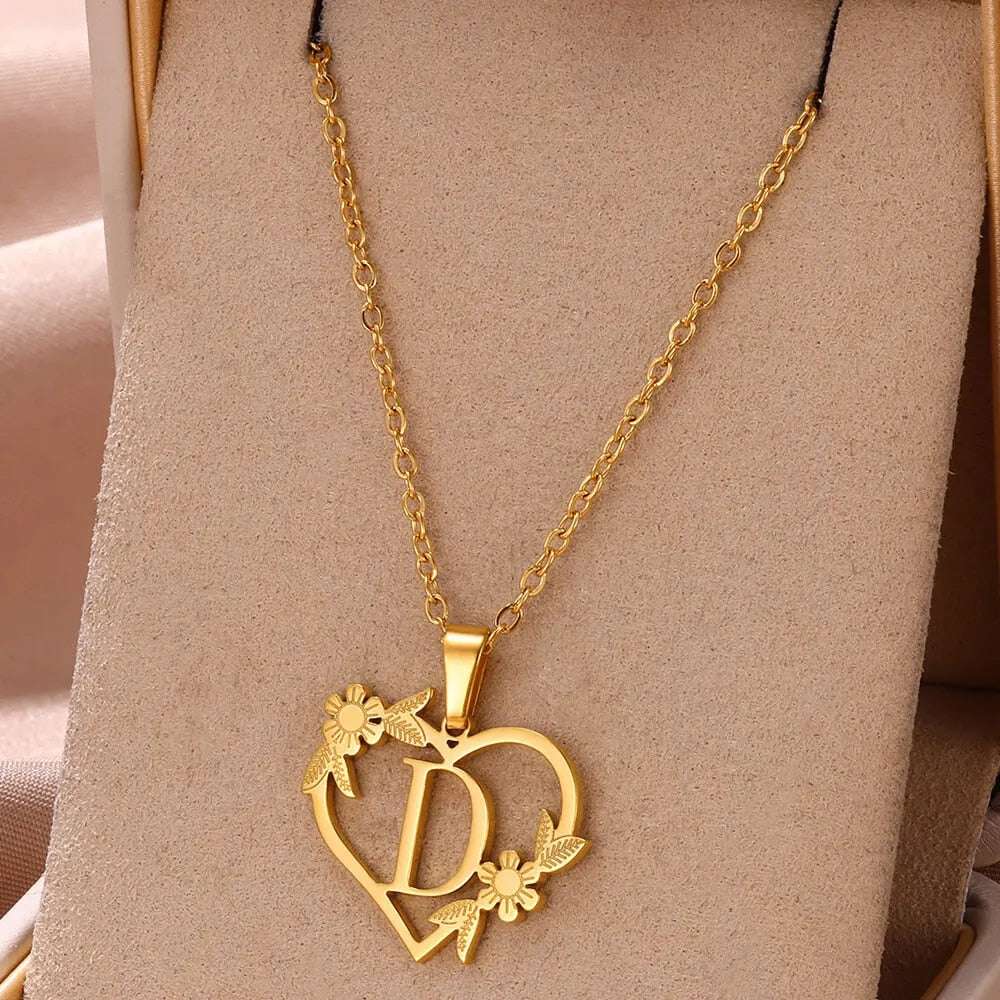 Gold Color Dainty Flower Initials Necklace Women Girl Stainless Steel Heart Let image 2