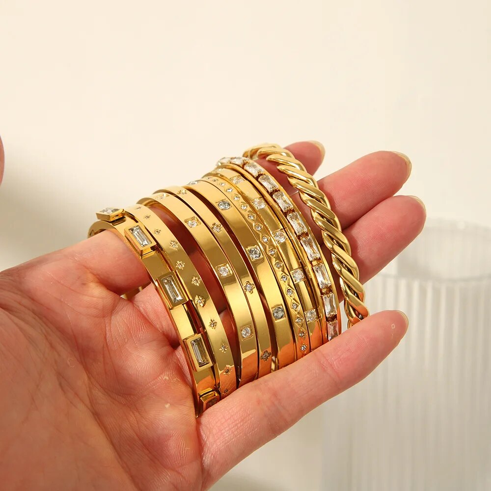 Waterproof Zirconia Cuff Bangles for Women Men 18k Gold Plated Stainless Steel  image 1