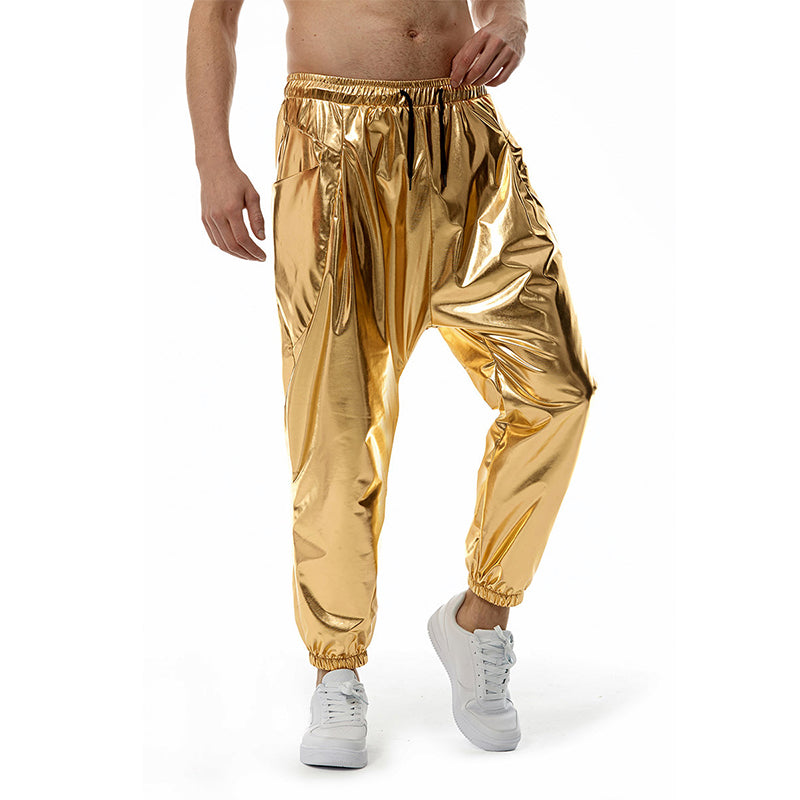 Men's Metal Shiny Jogging Pants Night Club Disco Party Elastic Pants Gold Silver image 4