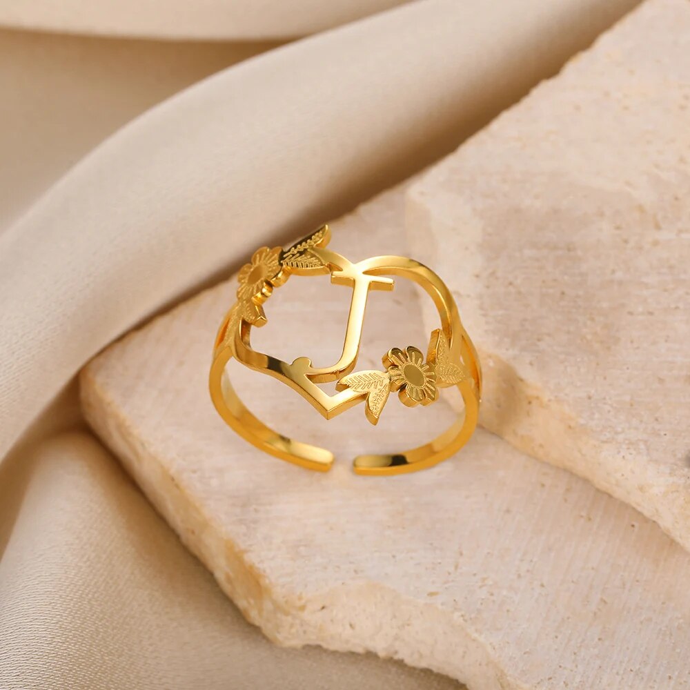 Stainless Steel Initials Flower Heart Rings Gold Color Adjustable Delicate Lett image 8