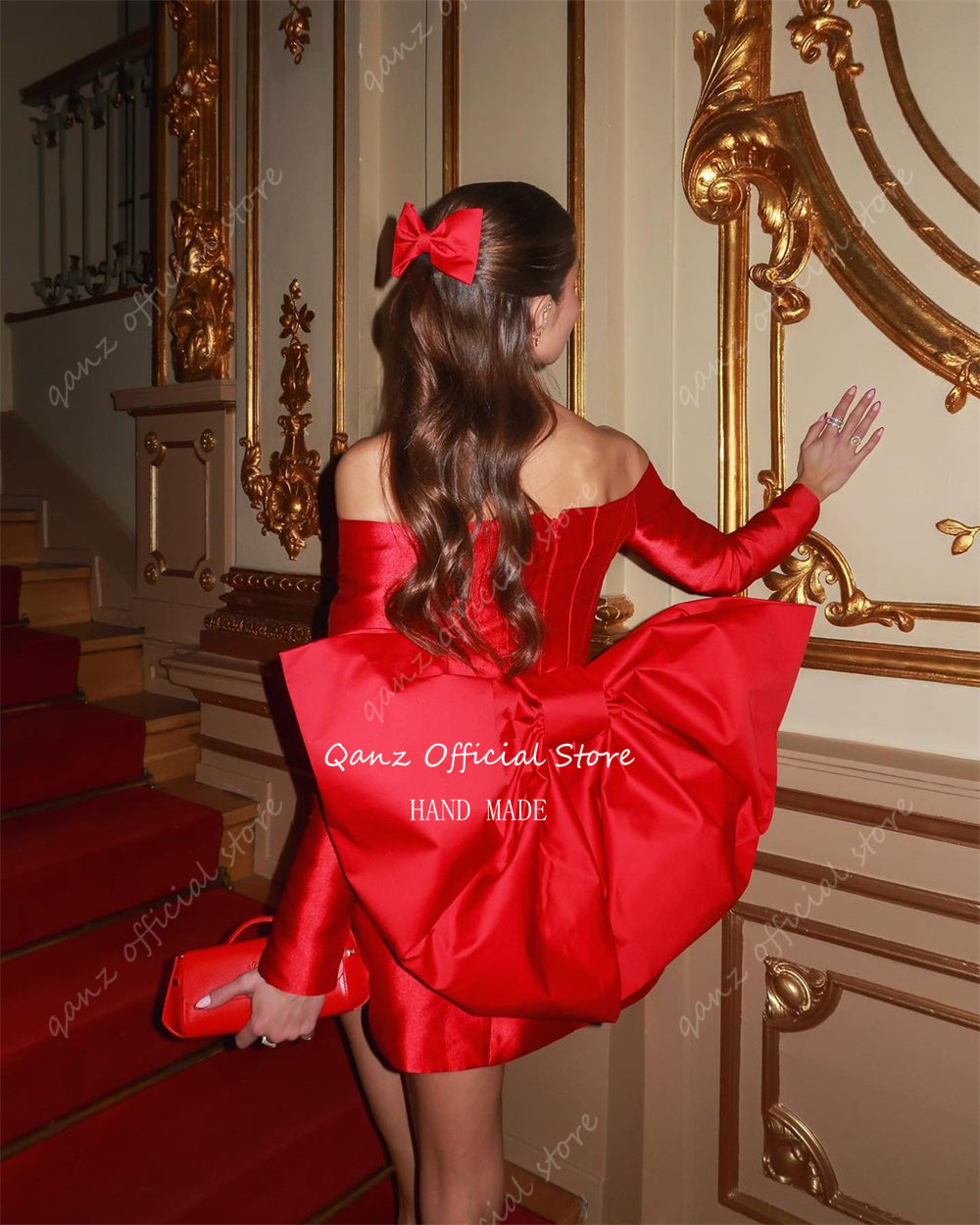 Qanz Sexy Red Short Prom Dresses Satin With Large Bow Long Sleeves Dress Party  image 3