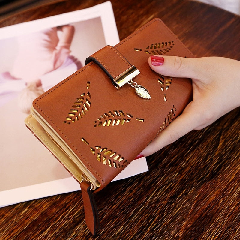 Fashion PU Leather Wallet Purse Women Long Wallet Gold Hollow Leaves Pouch Hand image 2