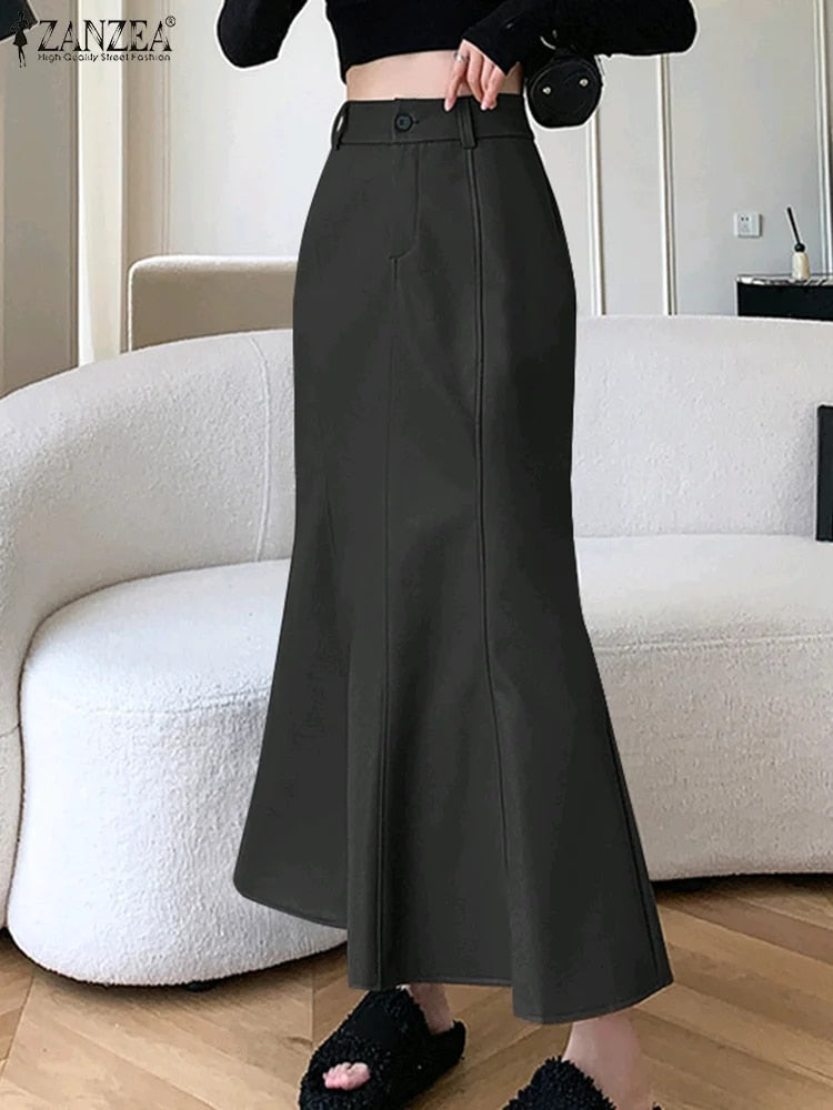 ZANZEA Long Skirt Leather Skirt Fashion High Waist Skirt Women PU Office Lady S image 6