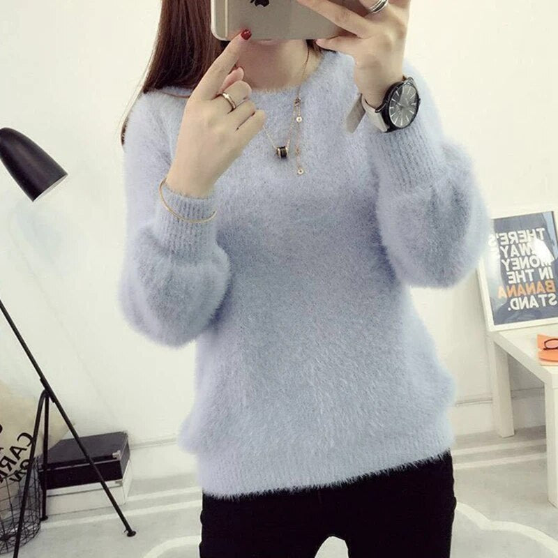 Winter Imitate Mink Wool Hot Fleecing Female Casual Sweater O-neck Long Puff Pi image 3