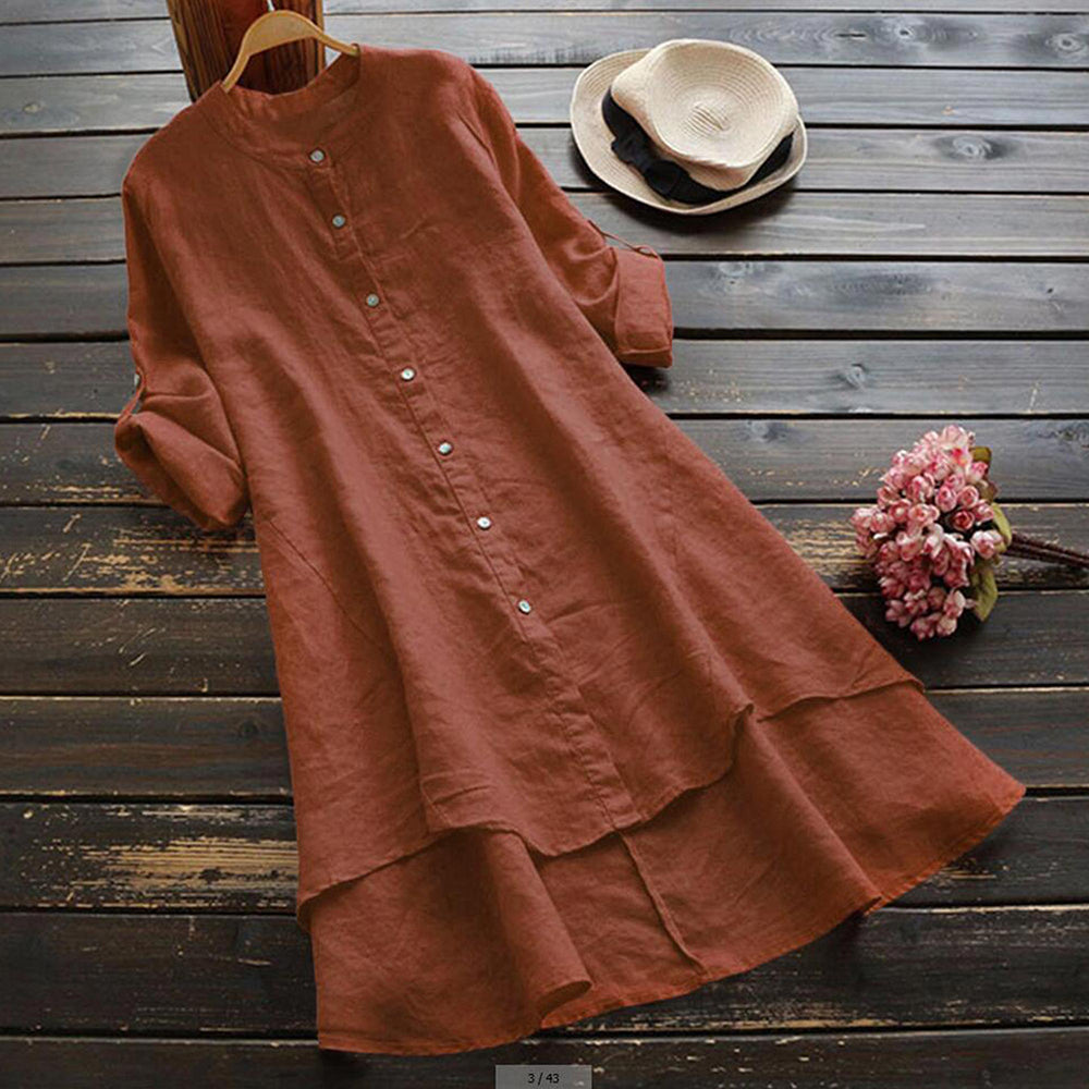Women's Spring Solid Cotton Linen Shirt Dress Ladies Loose Dress Long Tops Blou image 1