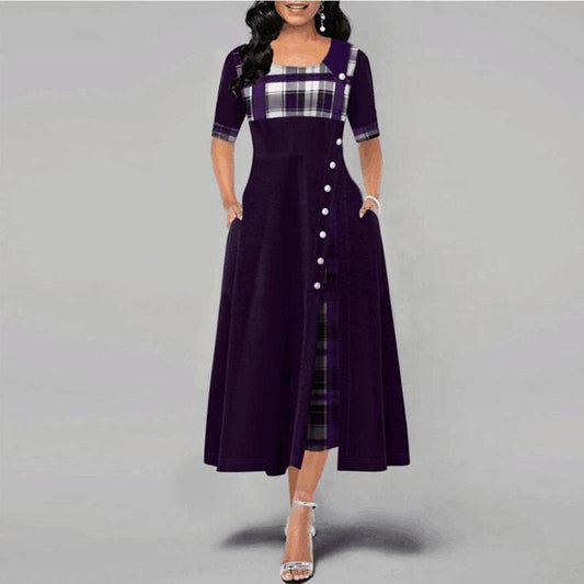 Women's Fashion Half Sleeve Plaid Print Button Detail Maxi Dress image 0