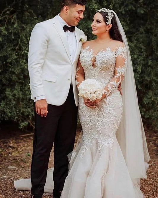 Plus Size African Wedding Dresses Mermaid Long Sleeves Tulle Appliques Women Br image 0