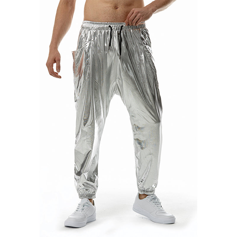 Men's Metal Shiny Jogging Pants Night Club Disco Party Elastic Pants Gold Silver image 0