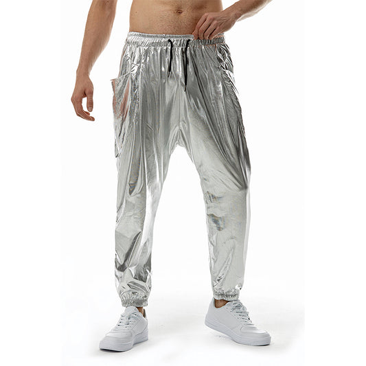Men's Metal Shiny Jogging Pants Night Club Disco Party Elastic Pants Gold Silver image 0