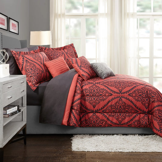 Mainstays Red and Black Damask 8 Piece Bed in a Bag Comforter Set with Sheets,  image 0
