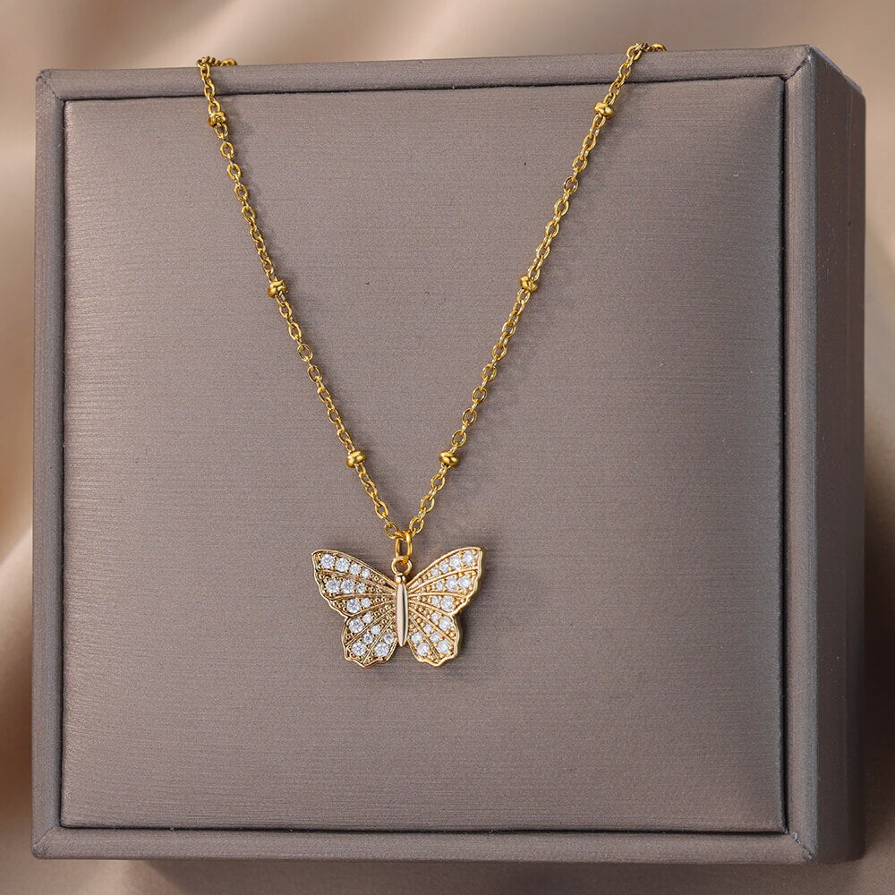 Zircon Butterfly Necklaces For Women Gold Color Stainless Steel Neck Chain image 2