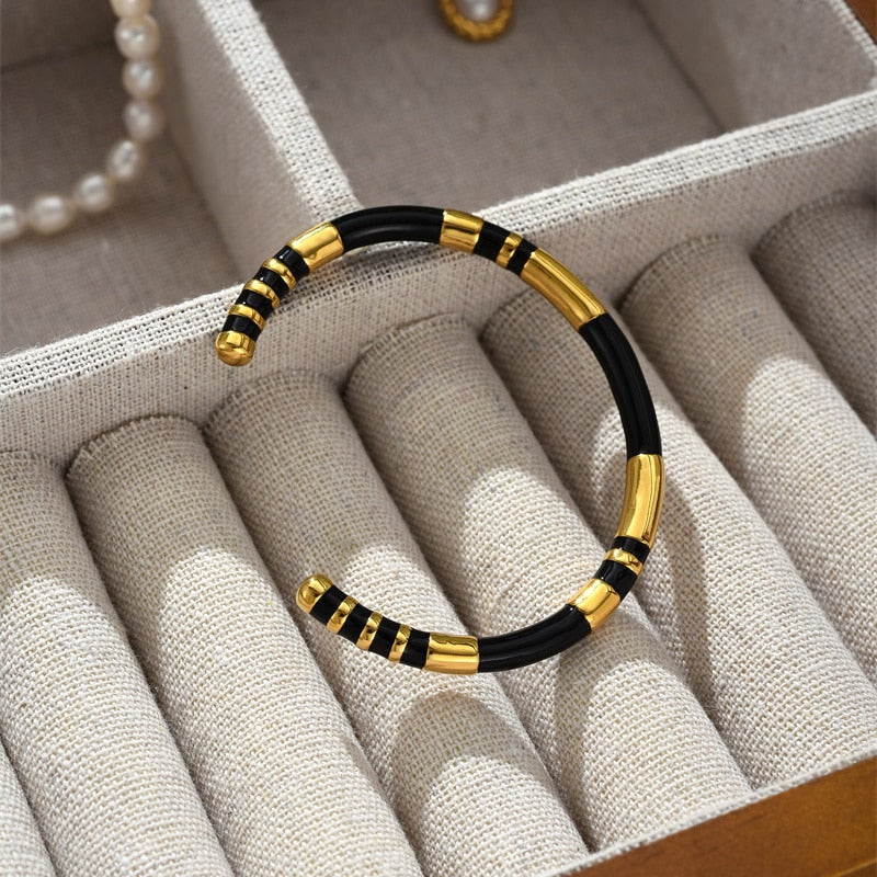 HUANZHI Enamel Spliced Copper Gold Plated Cuff Bracelet for Women Men Fashion E image 7