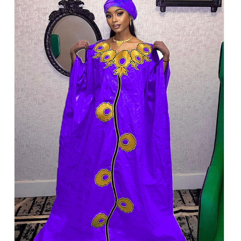 High Quality African Women Bazin Riche Dresses With Headscarf Embroid Stone Nig image 3