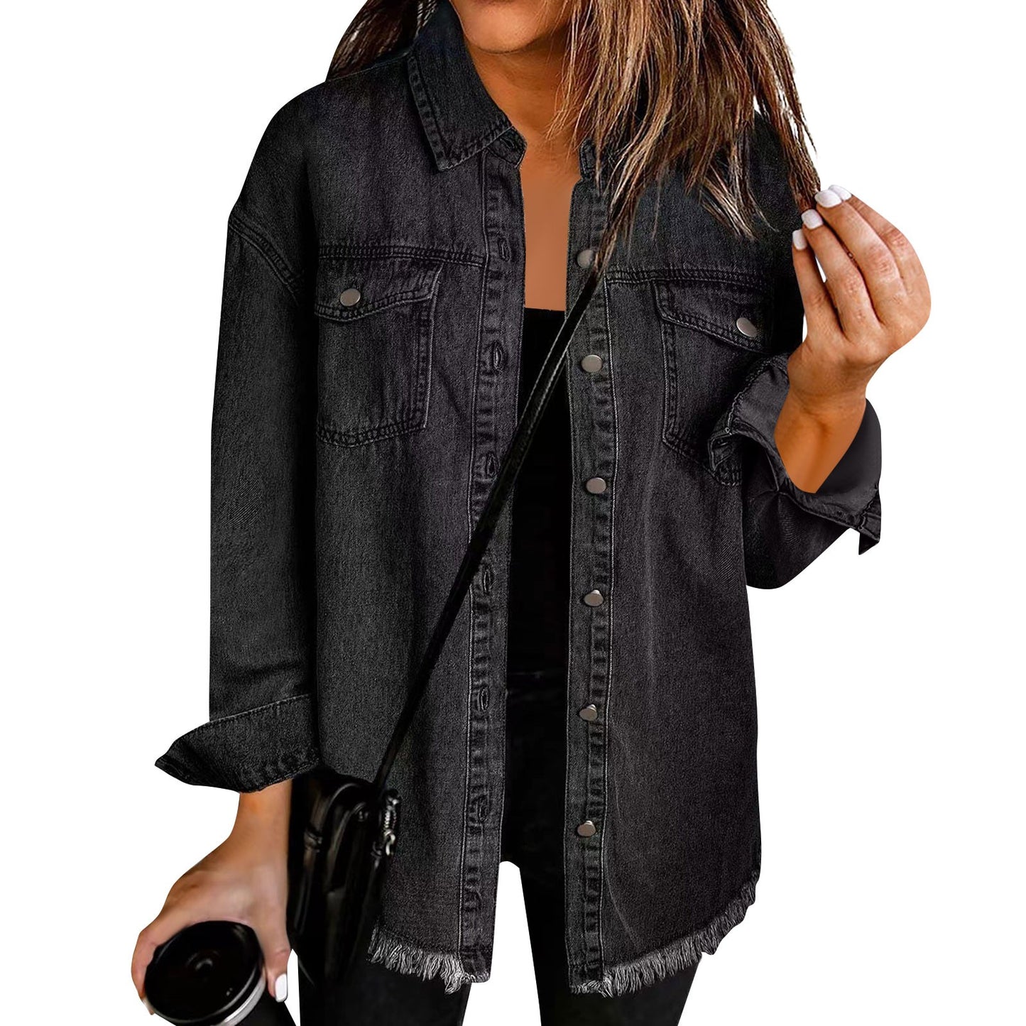 Women'S Fashion Denim Shirt Jacket Milled Hem Button Casual Long Sleeve Jacket  image 2
